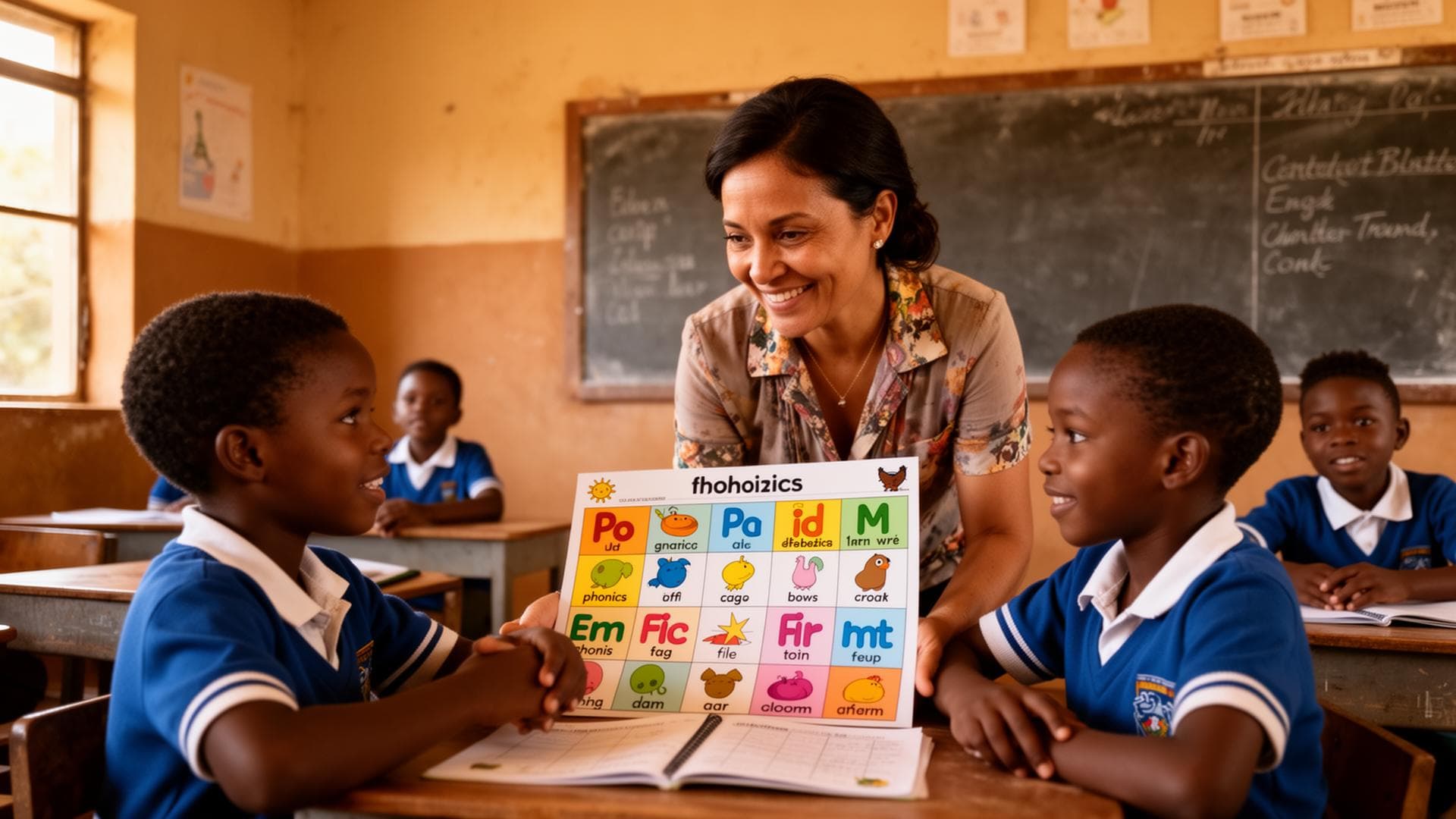 An LTL educator teaching two young learners with a colour-coded literacy chart.